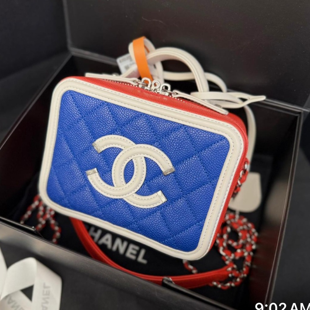 Chanel Filigree Vanity in Blue and Red Caviar Leather crossbody bag